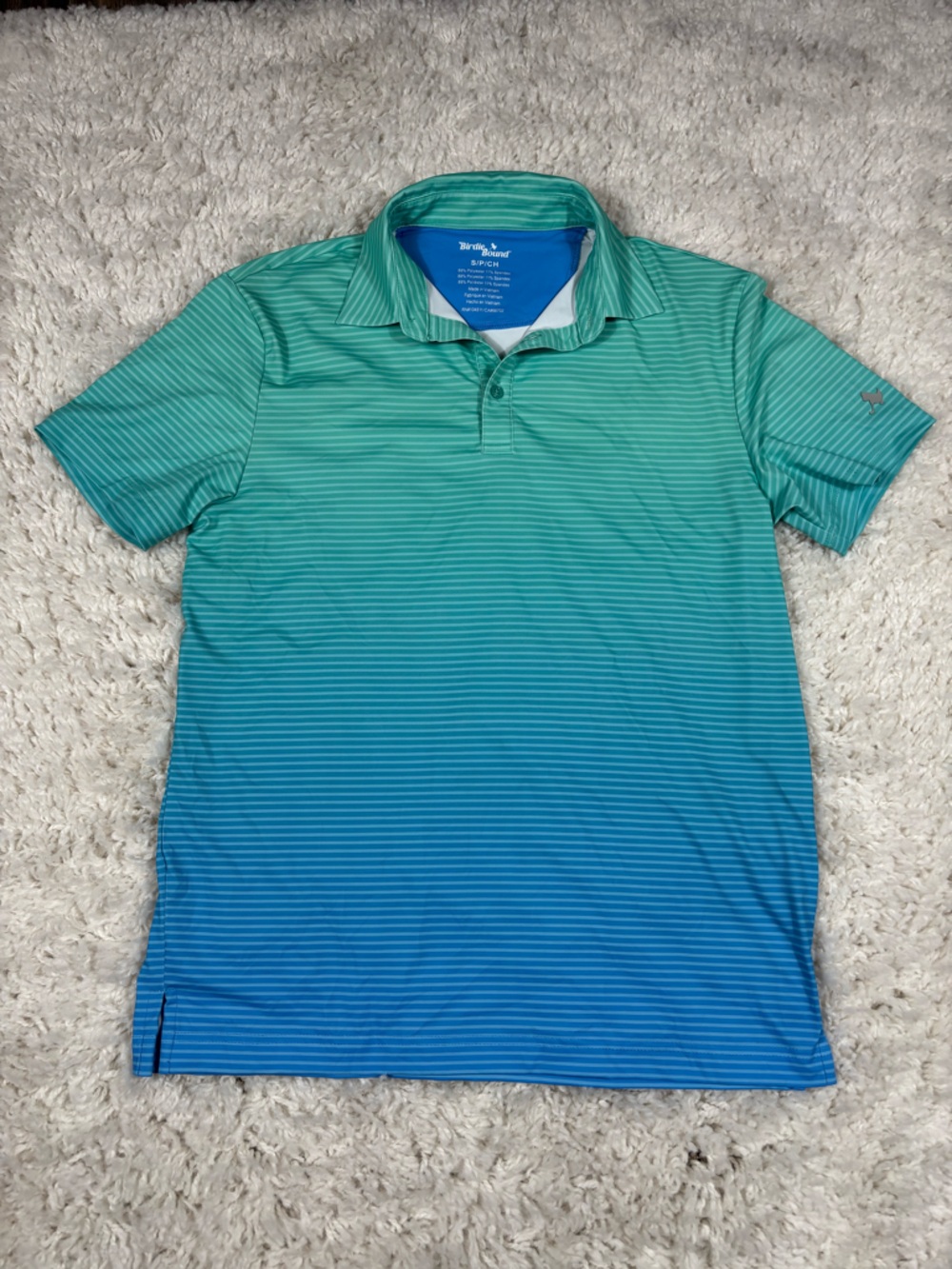 Birdie Bound Men’s Small Golf Polo Ombre Green Blue Striped
